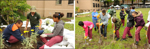 Students plant flowers outside school with RiverSmart gardener supervision