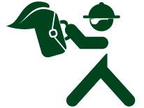 Icon of business man in hard hat and briefcase reviewing blueprint